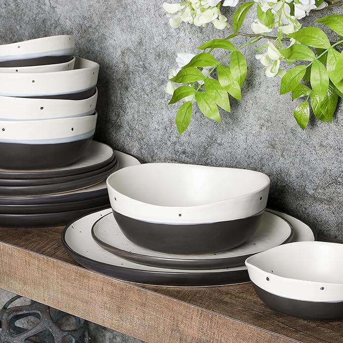 Gibson Elite Rhinebeck 16-Piece Double Bowl Dinnerware Set, Service for 4 ??White and Black Stoneware Plates and Bowls