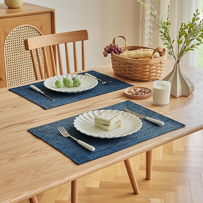 Softalker Faux Linen Placemats Set of 6-12 x 18 Inch, Heat Resistant Double Layered Durable Burlap Farmhouse Place Mats, Non-Slip Washable Rustic Table Mats for Dining, Kitchen, Party竊뉿avy Blue