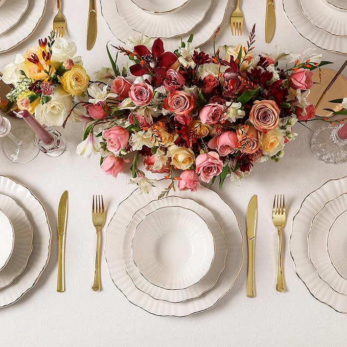 Christian Siriano Zinnia Porcelain Dinnerware Set, 24-Piece Plates and Bowls Set, White and Gold Dish Set for 8, Scalloped Edge, Hand Wash Only