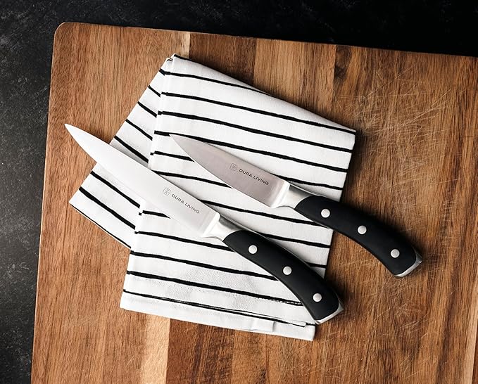 DURA LIVING 3-Piece Kitchen Knife Set ??Ultra-Sharp German Stainless Steel, 8??Chef, 5??Utility, and 3.5??Paring Knives with Ergonomic Handles, Multipurpose Kitchen Knife Set, Black