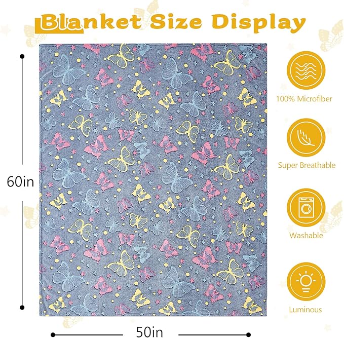 QSTEHEML Butterfly Glow in The Dark Blanket,Butterfly Gifts Toys for Kids Girls Age 3-12 Years Old, Birthday, for Daughter, Toddler, Teen, and Grandkids Soft Throw 50"횞60"