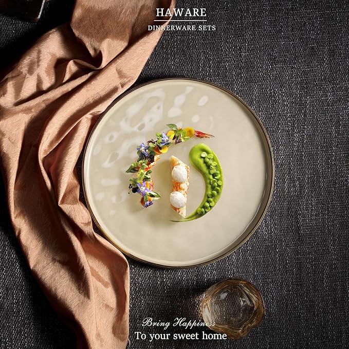 HaWare Stoneware Plates Set of 6, 7.9??Salad Plates, Reactive Glaze Ripple Ceramic Dish Set for Appetizer, Dessert, Scratch Resistant, Small Dinner Plate, Microwave and Dishwasher Safe, Saturn Khaki