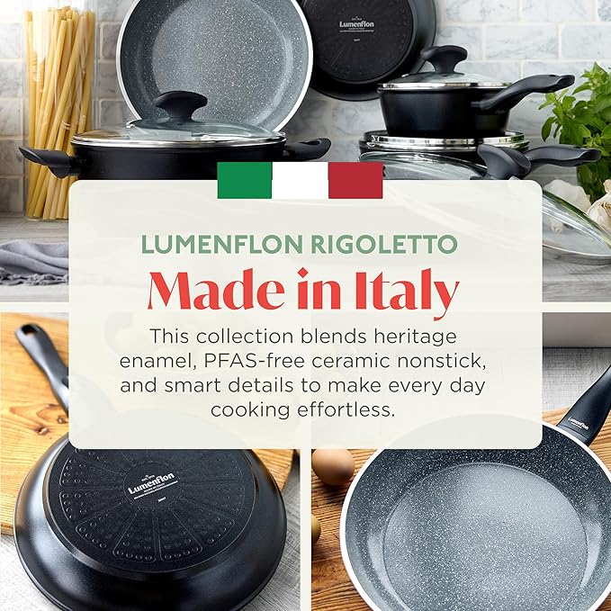 Rigoletto 3.1QT Nonstick Saut챕 Pan & Lid, Made in Italy, Layered Ceramic PFAS-Free Surface, Induction Ready, Dishwasher & Metal Utensil Safe, Granite Finish, Stay-Cool Handle, Black