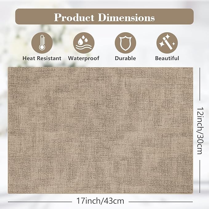 JUCCWARM Faux Leather Placemats Set of 6,Heat Resistant Placemats for Dining Table, Easy Clean Non-Slip Place Mats, Waterproof Stain Resistant Wipeable Washable PU Table Mats, (Light Brown)