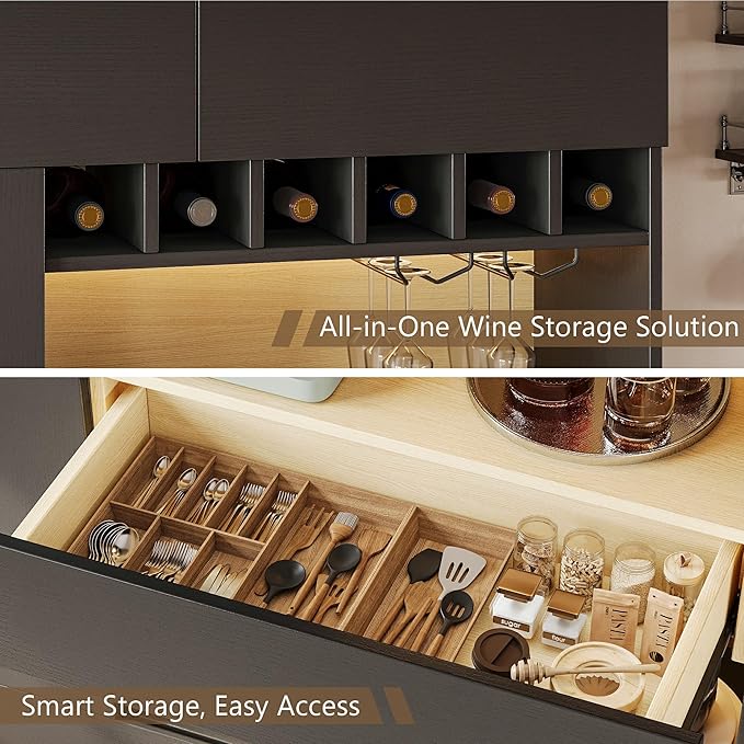 iPormis 69" Tall Kitchen Pantry Storage Cabinet with LED Lights & Microwave Stand & Wine Rack, Kitchen Hutch with Door Shelves & Adjustable Shelf & Drawers & Charge Station for Living Room, Black