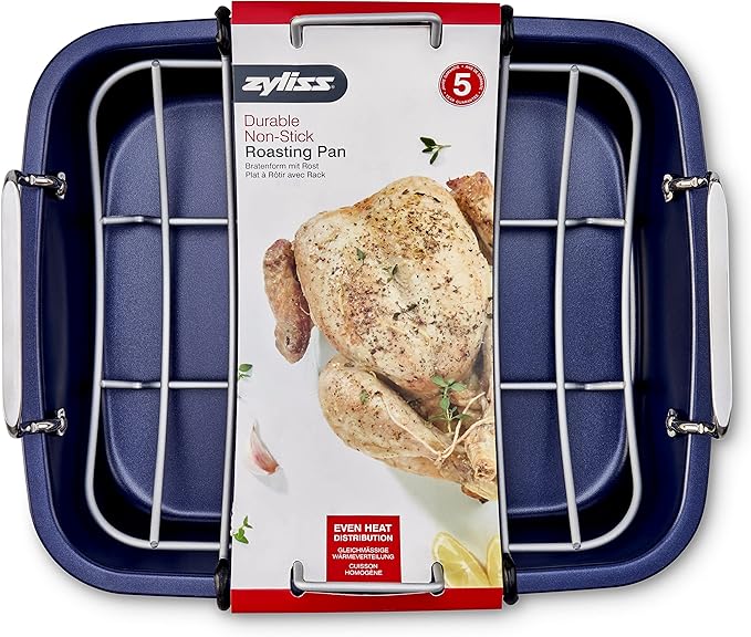 Zyliss E980206 Non-Stick Roasting Tin with Rack, Carbon Steel, Dark Blue, Roast Pan/Baking Trays for Oven/Bakeware Tray, Dishwasher Safe