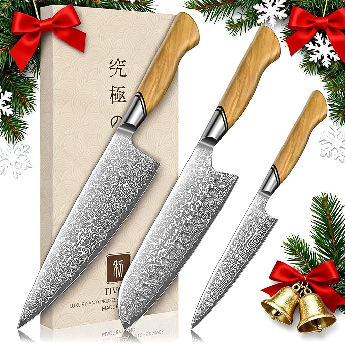 TIVOLI Damascus Kitchen Knife Set,3 PCS Japanese Chef Knife Set,VG-10 Damascus Santoku Paring Knife with Olive Wood Handle,Ideal Gift