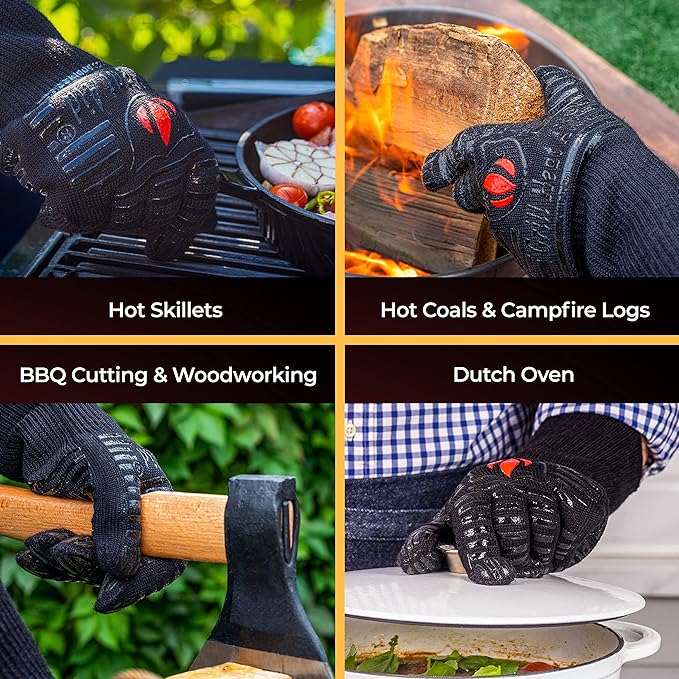 GRILL HEAT AID BBQ Grill Gloves Heat Proof for Grilling ??Fireproof 1472째F Heat-Resistant Grill Mitts for Outdoor Barbecue and Smoker, Campfire, Fire Pit, Oven Glove with Fingers for Baking Pizza