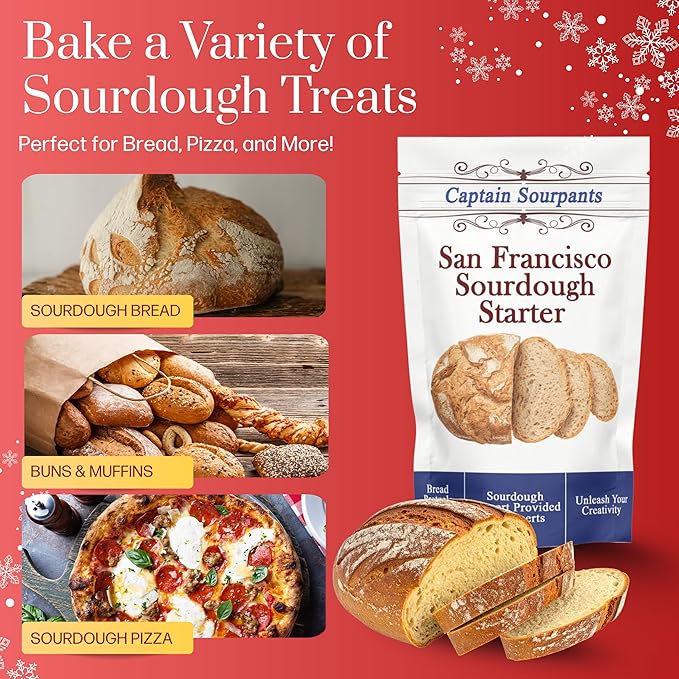 San Francisco Sourdough Starter Culture- 100+ Year Old Dehydrated Heirloom Style Sourdough Starter Kit for Sourdough Bread, Pizza, Buns, Pancakes, Muffins | Easy to follow instructions. By Captain Sourpants