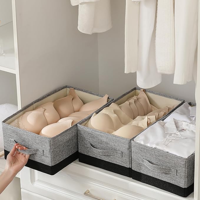 linen closet organizers and storage, 3 Pack Large Storage Baskets, Washable, Clothing Storage Bins with Handle, Closet Organizer for Storage Sweater,Sheets (gray black, 16"x9쩍"x6쩐")