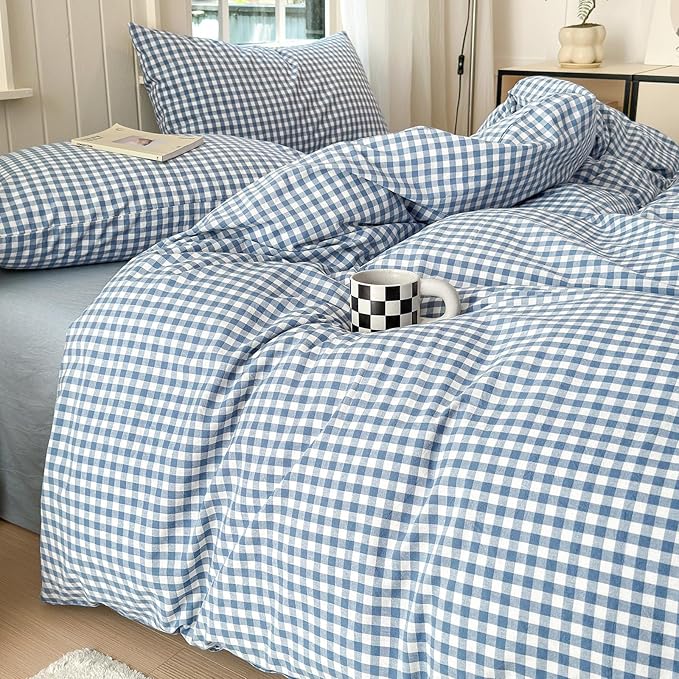 LifeTB Blue Gingham Comforter Set King 3 Pieces Modern Plaid Checkered Pattern Comforter Gingham Bedding Set Fluffy Soft Grid Plaid Bedding Comforter Farmhouse Checkered Comforter Set King Size