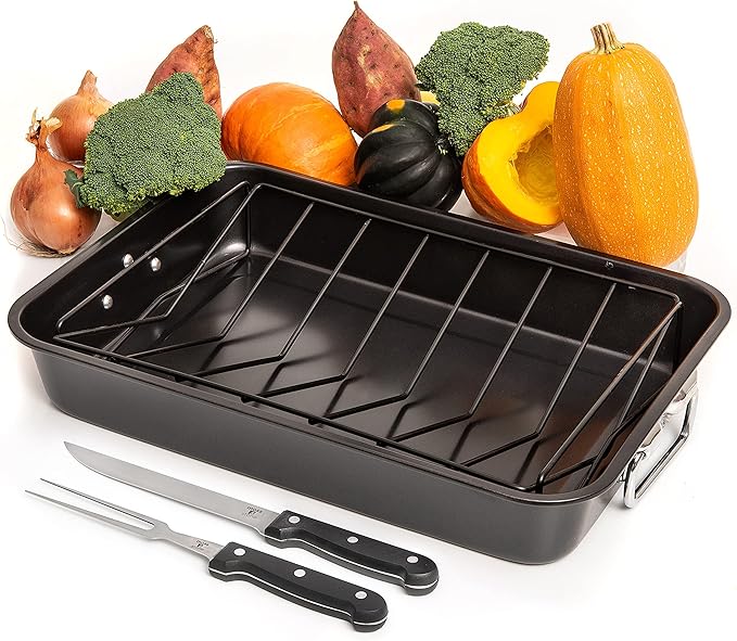 Moss & Stone Carbon Steel Roaster Pan With ?쏺??Shape Removable Roasting Rack Set, 16.5 Inch Rectangular Nonstick Roasting Pan, Turkey Roaster Pan Rack With Carving Fork & Chef Knife