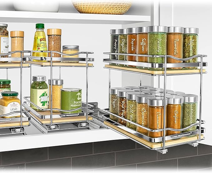 LYNK PROFESSIONAL짰 횋lite??Pull Out Spice Rack Organizer for Inside Kitchen Cabinets - 6-3/8 inch Wide - Slide Out Drawer ??Wood/Chrome Sliding Spice Cabinet Organization Shelf Racks - 2 Tier