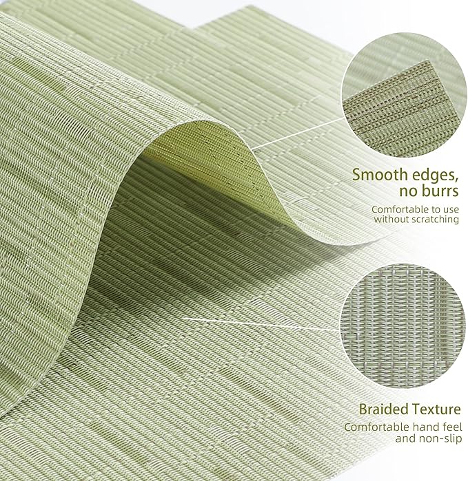 Green Placemats Set of 6 Washable Place Mats PVC Vinyl Woven Table Mats for Dining Table Durable Heat Resistant Non-Slip Size 12 x 17 Inch