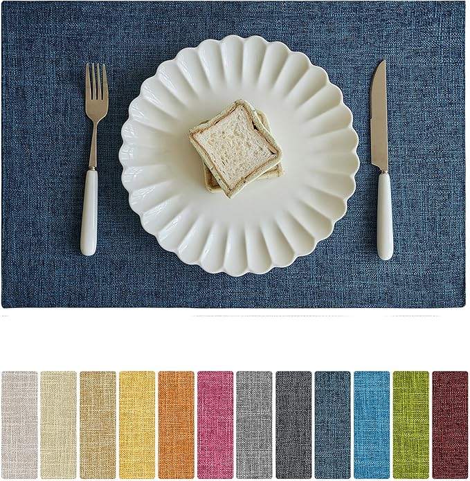 Softalker Faux Linen Placemats Set of 8-12 x 18 Inch, Heat Resistant Double Layered Durable Burlap Farmhouse Place Mats, Non-Slip Washable Rustic Table Mats for Dining, Kitchen, Party竊뉿avy Blue