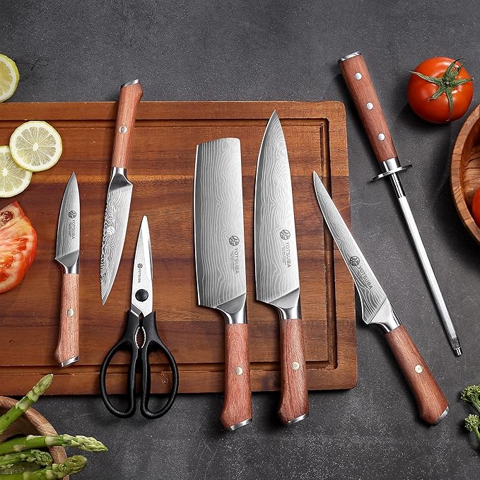 YOTSUBA Kitchen Knife Set, 8 PCS Knife Set with Block, High Carbon Stainless Steel Chef Knives Set, Sharp Knives Set for Kitchen, Japanese Knife Set with Ergonomic Rosewood Handle