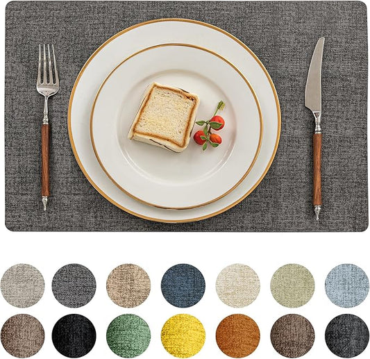 Romanstile Vinyl Placemats Set of 4-12 X 17 Inch - Heat Resistant Place Mats 100% Waterproof Oilproof Wipeable Reversible Faux Leather Table Mats for Kitchen, Dining, Party, Outdoor, Dark Grey