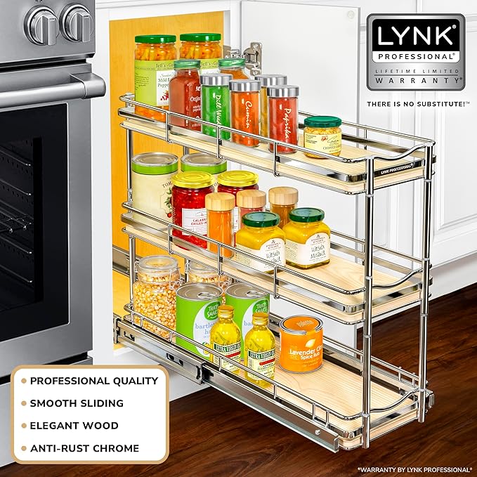 LYNK PROFESSIONAL짰 횋lite??Pull Out Spice Rack Organizer for Inside Kitchen Cabinets - 6"x21" - Slide Out Drawer ??Wood/Chrome Sliding Spice Cabinet Organization Shelf Racks - 3 Tier