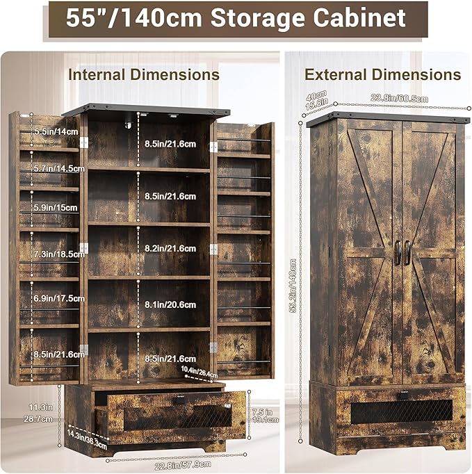 Pantry Cabinet with Adjustable Shelves and Drawer, Kitchen Cabinet Buffet Cupboards Storage for Home Office (Brown, 16" D x 24" W x 55" H)
