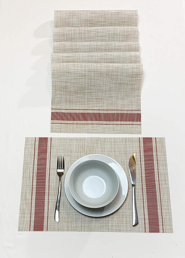 Jutemill Set of 12 PVC Vinyl Woven Place mats, Heat Insulation Stain Resistant Placemats for Dining Table Durable Cross Weave Woven Vinyl Kitchen Table Mats Placemat (Red)