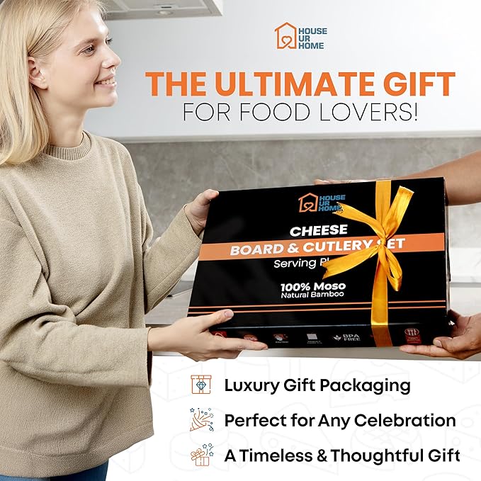Bamboo Charcuterie Board Gift Set with Leather Handles, Knives, Wine Opener & Bowls ??Elegant for Hosts, Couples & New Homeowners