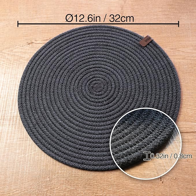Round Placemats, Set of 4, Handmade by Braided Cotton Cord for Kitchen and Dining Table, Dia. 12.6 Inch, Doublesided, Heat Resistant, Dark Gray