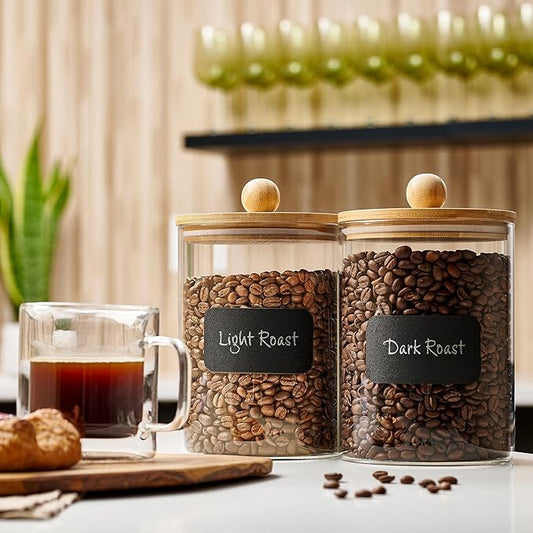 Le'raze 1 Gallon Glass Canister Set for Kitchen Counter with Airtight Bamboo Lids + Marker & Labels - of 2 Large Cookie Jars Wooden Lid, Food Storage Containers Pantry, Flour, Sugar, Pasta, Candy,