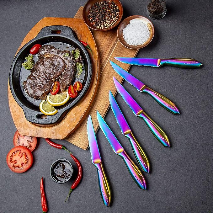 WELLSTAR Rainbow Serrated Steak Knife Set of 6, Razor Sharp German Steel Blade 4.75 inch and Comfortable Stainless Steel Hollow Handle with Titanium Coated Dinner Table Knives Set for Home Restaurant