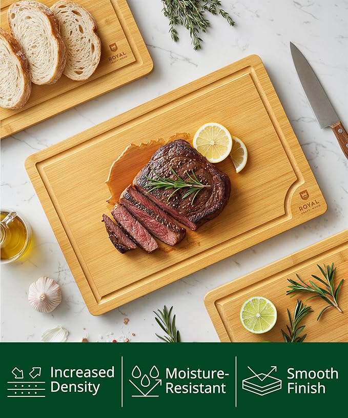 ROYAL CRAFT WOOD Premium Cutting Boards for Kitchen Meal Prep & Serving - Bamboo Wooden Serving Board Set with Deep Juice Groove Side Handles - Charcuterie & Chopping Butcher Block for Meat