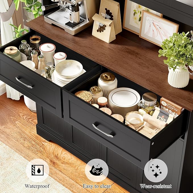 71" Tall Kitchen Pantry Cabinet, Kitchen Hutch with Microwave Stand, Glass Doors, Food Pantry Cabinet with Doors and Shelves for Dining Room, Black