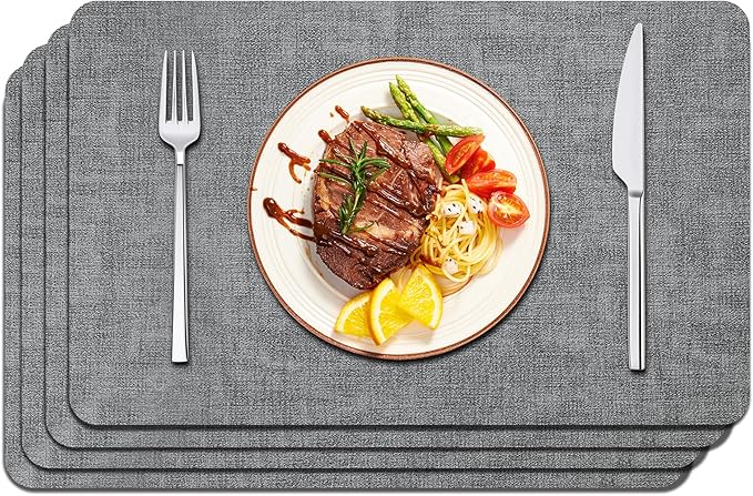 Maxpearl Faux Leather Placemats Set of 4 - Waterproof - Wipe Clean - Heat Resistant - Anti Slip Dining Table Place Mats, Suitable for Indoor & Outdoor Use, 17?쇺쇒?2?쇺? Grey