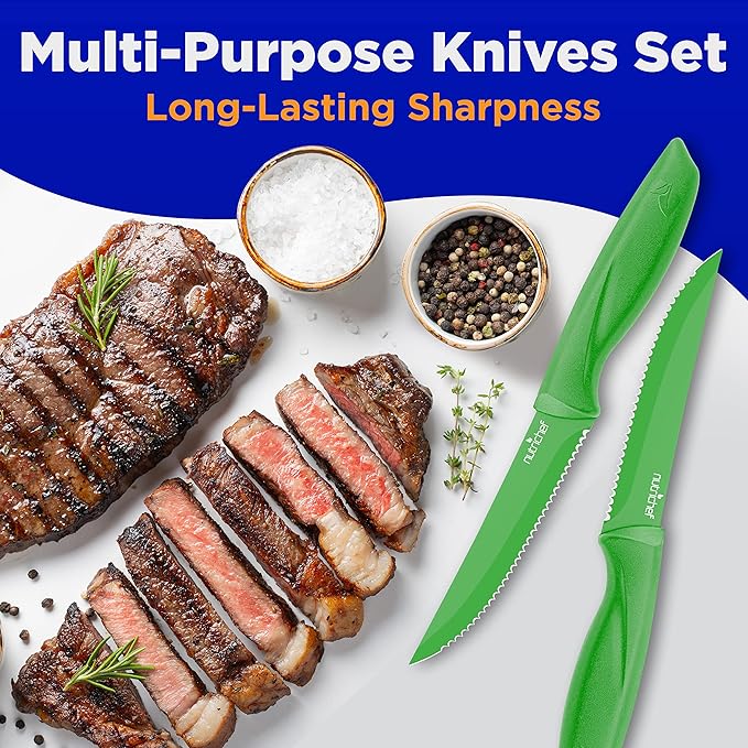 NutriChef Steak Knife Set of 8 - Premium Serrated Stainless Steel Kitchen Knife Set - Ergonomic Design, Sharp Blades, Non-Stick, & Rust-Resistant - Perfect for Home, BBQ's & Restaurants Green