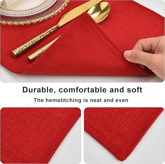 SLKQG Christmas Red Linen Fabric Placemats Set of 4, Heat Resistant & Machine Washable Double-Layered Cloth Placemats for Dining Table, Indoor/Outdoor Use, Non-Slip Kitchen Table Mats (4, Bright Red)