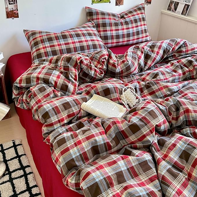 LifeTB Red Brown Plaid Comforter Set Queen, 3 Pieces Vintage Checkered Grid Bed Comforter with 2 Pillowcases, Breathable Soft Comfy Farmhouse Plaid Pattern Printed Gingham Bedding Comforter Set