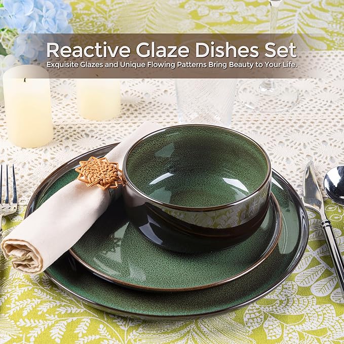 LERATIO Ceramic Dinnerware Sets for 4,12 Pieces Poreclain Plates and Bowls Sets,Scratch Resistant Dishes,Dishwasher & Microwave Saf,Oven Safe Dishes Set,Service for 4-Geen