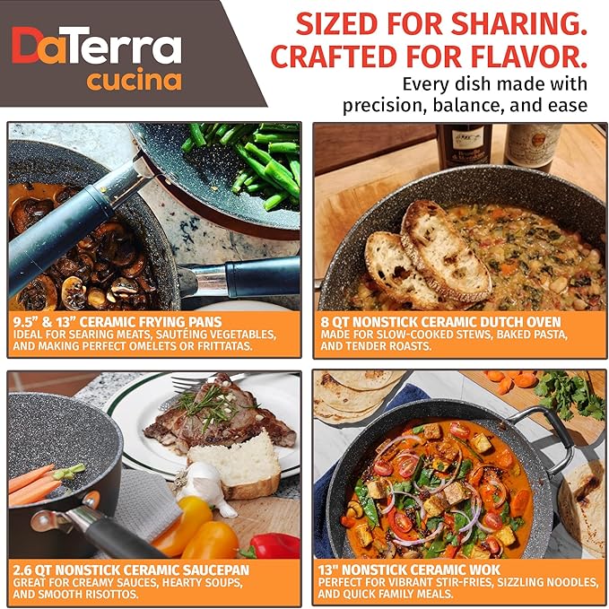 DaTerra Cucina Nonstick Dinner Party Bundle ??2.6 Qt Saucepan with Lid, 9.5" & 13" Frying Pans and 13" Wok and 8 Qt Dutch Oven with Lids, Durable Ceramic Coating, Made in Italy ??Volcanic Black