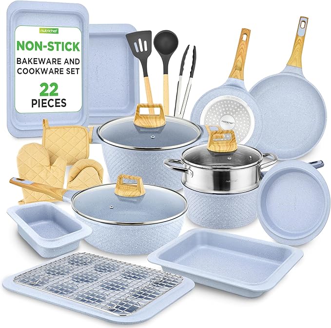 NutriChef 22?멠iece Non?멣tick Ceramic Pots and Pans Set ??For All Cooktops Including Induction ??PTFE & PFAS Free, Includes Bakeware & Utensils