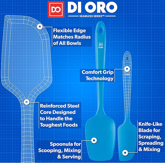 DI ORO Silicone Spatula Set - Rubber Kitchen Spatulas for Baking, Cooking, & Mixing - 600째F Heat-Resistant & BPA Free Silicone Scraper Spatulas for Nonstick Cookware - Dishwasher Safe (3pc, Blue)