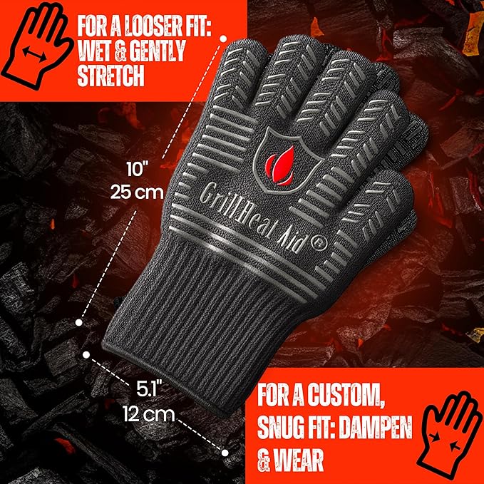 GRILL HEAT AID BBQ Grill Gloves 1472째F - Extreme Heat Resistant Oven Mitts for Grilling, Smoker & Fire Pit with Silicone Grip & EN407 Cut Resistance - Short Cuff, Dusky Gray