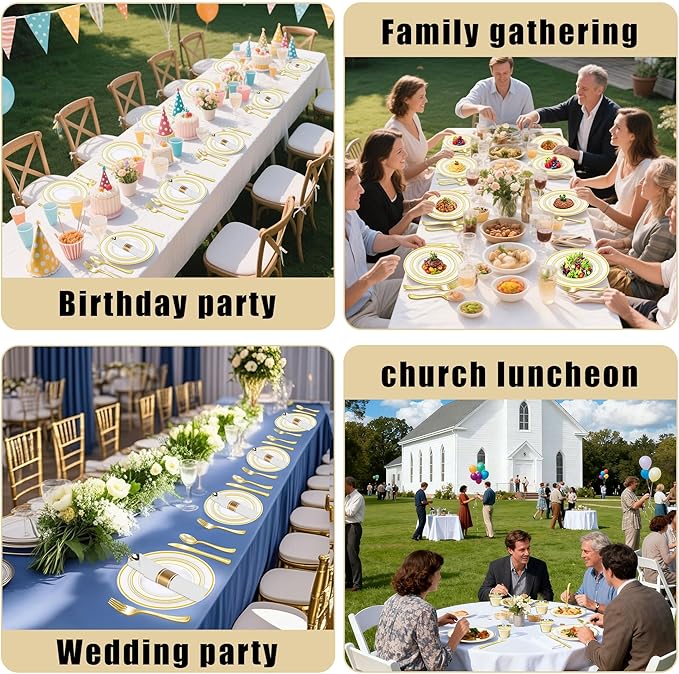 Zcaukya 350 PCS Gold Plastic Dinnerware for 50 Guests, Elegant Disposable Utensils Set with 100 Plates, 50 Pre-Wrapped Napkins, 50 Cups, 50 Spoons, 50 Forks and 50 Knives for Birthday Parties Weddings