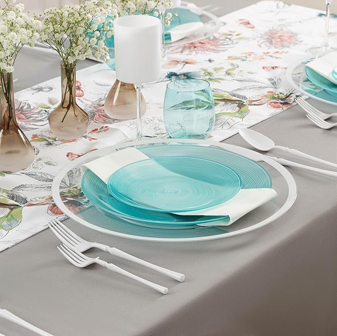 PLASTICPRO 64 Pieces Crystal Design Plastic Plates Combo Pack 7 inch and 10 inch Gold Rim Elegant Disposable Plates, Transparent Aqua Blue