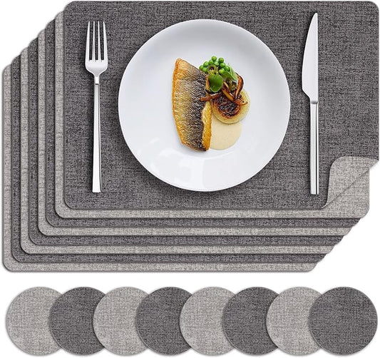 MOSAYT Placemats Set of 8, Heat Resistant Vinyl Place Mats with Coasters, Wipeable Washable Waterproof Oil Proof Faux Leather Table Mats for Kitchen Dining Party Outdoor, 12" x 17", Dark Light Grey