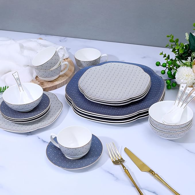 Blue 24 Piece Porcelain Dinnerware Set,Bone china for 4, Plates and Bowls Sets With Grid pattern, Highly Chip and Crack Resistant | Dishwasher Safe Dishes Set (Deep Blue + Grid)