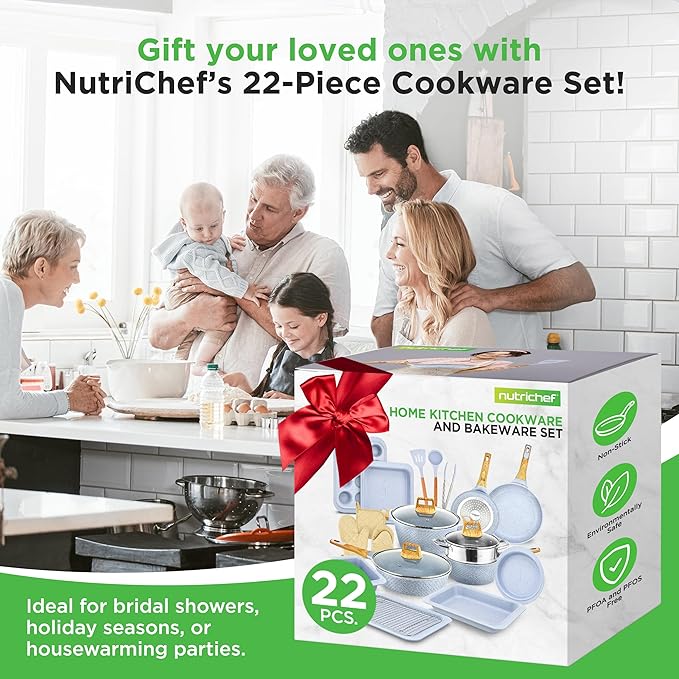NutriChef 22?멠iece Non?멣tick Ceramic Pots and Pans Set ??For All Cooktops Including Induction ??PTFE & PFAS Free, Includes Bakeware & Utensils