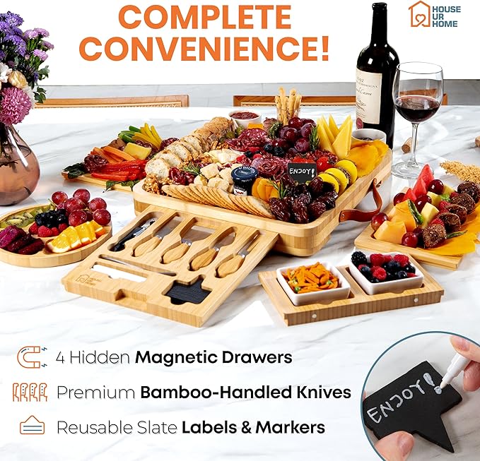 Large Bamboo Charcuterie Board Gift Set ??4 Hidden Drawers, Cheese Knives, Ceramic Bowls & Plates ??Perfect Christmas, Holiday, or Housewarming Gift
