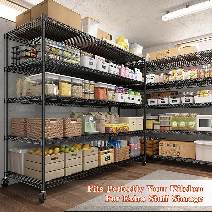 3200LBS Storage Shelves Wire Shelving with Wheels,Adjustable Garage Shelving Heavy Duty Steel Metal Shelving Unit Shelf Rack for Warehouses,Garage,Kitchen,School,Commercial,73" H X 60?쓂 X 18" D