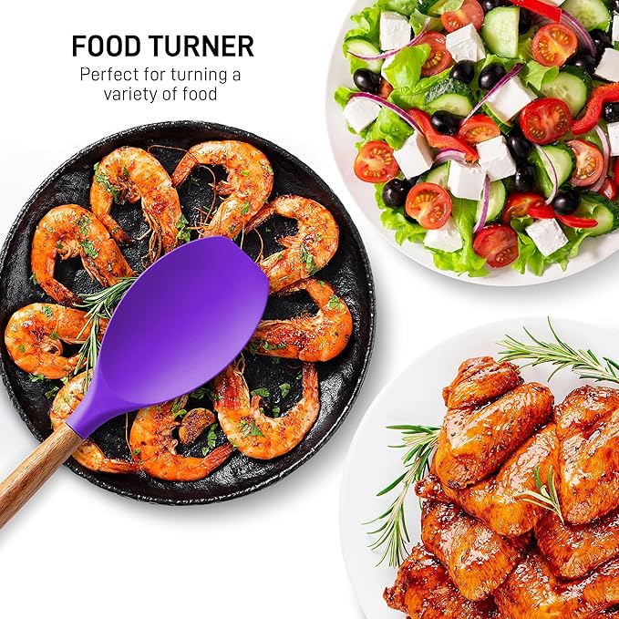 Zulay Kitchen Non-Stick Cooking Utensils Set with Authentic Acacia Wood Handles ??5-Piece Durable & Stylish Silicone Kitchen Utensils Set ??Heat Resistant to 464째F ??Purple