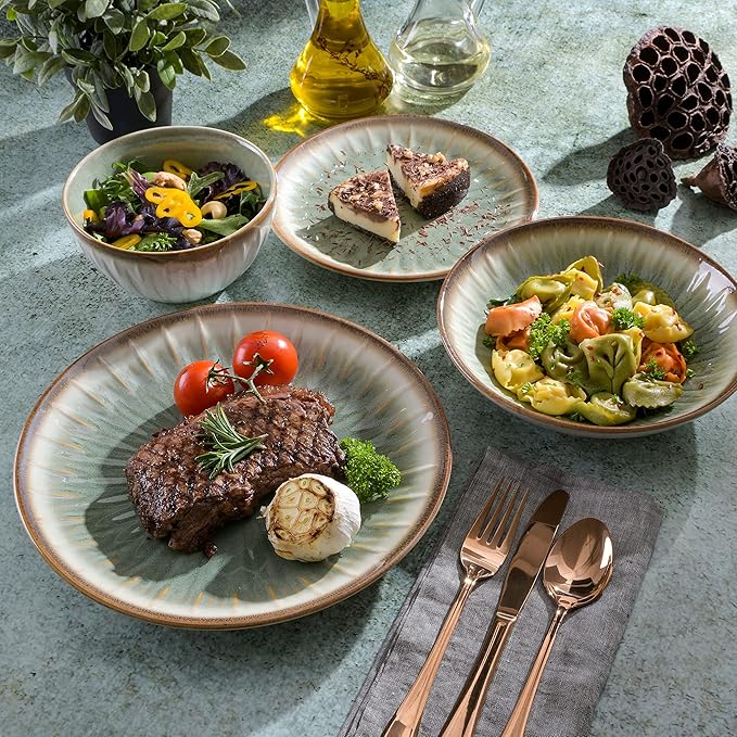 Gibson Elite Mayfair Bay 16-Piece Embossed Double Bowl Dinnerware Set, Service for 4 ??Green Stoneware Plates and Bowls