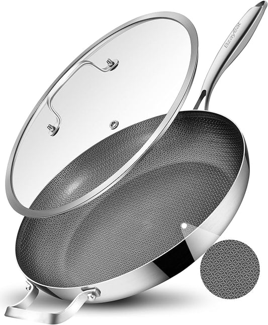 12 Inch Non-Stick Ceramic Stainless Steel Frying Pan - With Lid & Helper Handle, Induction Compatible Skillet, Dishwasher & Oven Safe Up to 600째F, Detachable Handle, Perfect for 4 People