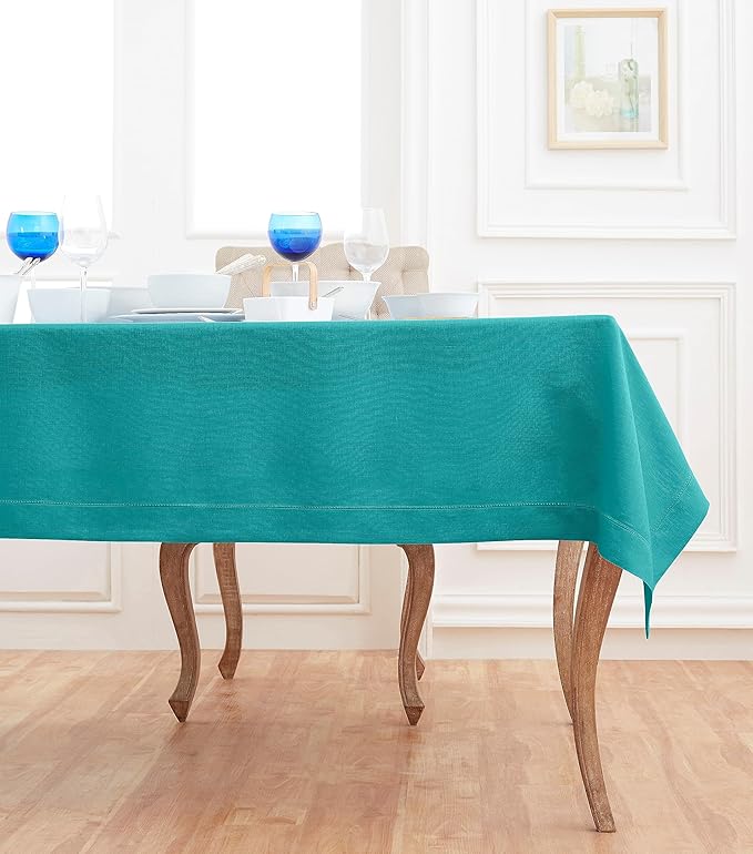 Solino Home Linen Tablecloth 60 x 90 Inch - Classic Hemstitch 100% Pure Linen Teal Table Cloth for Rectangle Tables - Machine Washable Tablecloth